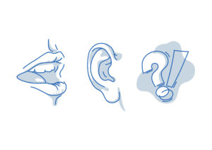 mouth speaking with question and exclamation point, indicating speech problems